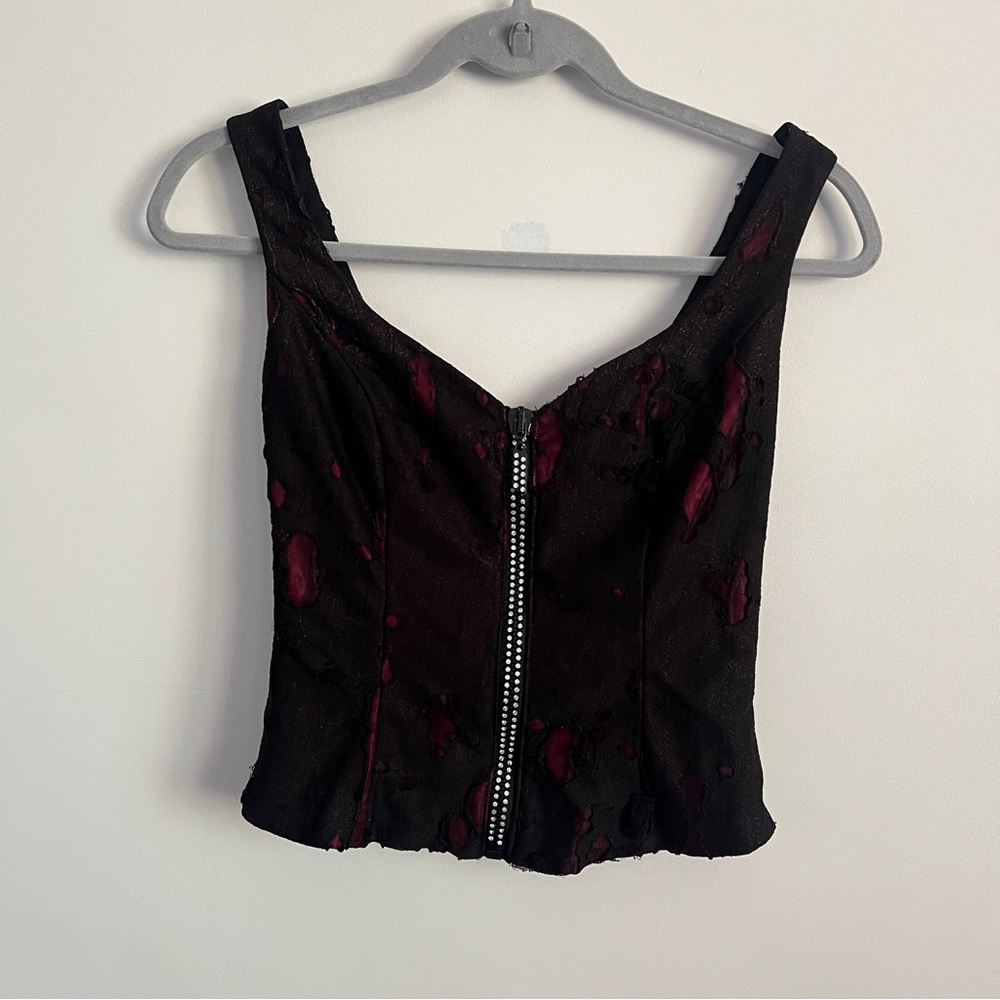 Vintage Y2K Goth Alt Edgy Black Red Metallic Distressed Zip Front Top Size 6
